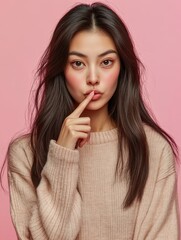 Naklejka premium Serious mysterious brunette Asian woman presses index finger to lips makes hush gesture tells secret asks to be quiet wears long sleeved jumper poses against pink background. Secrecy concept