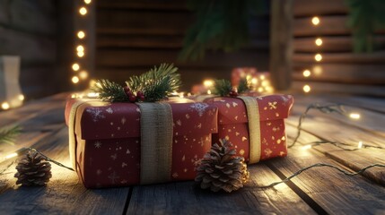 Rustically wrapped Christmas gifts adorned with pinecones and festive lights, creating a warm holiday atmosphere with a cozy touch.