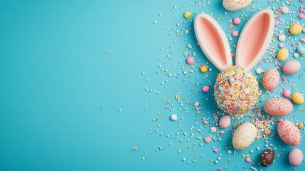 Top view of easter sweets featuring bunny ear chocolate eggs, colorful dragees, and festive sprinkles arranged on a vibrant turquoise background with ample copy space for holiday themes and creative d