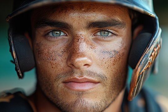 Close-up portrait of a young baseball player with dirt on his face, intense gaze.