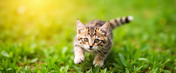 Playful American Shorthair kitten exploring green lawn, joyful curiosity
