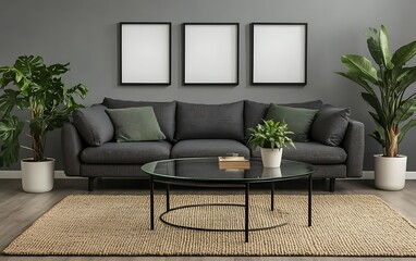 Modern living room interior design with grey sofa, plants, and three empty frames on a dark wall.