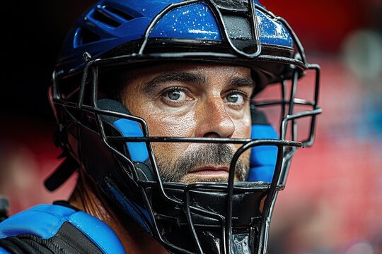 Close-up portrait of a serious baseball catcher wearing a blue helmet. - Powered by Adobe
