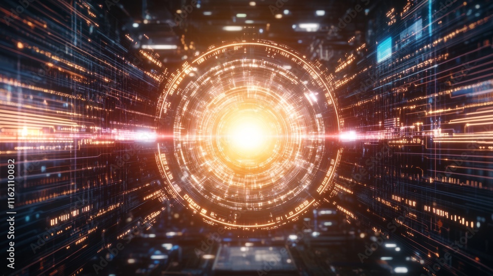 Poster futuristic digital tunnel data stream visualization
