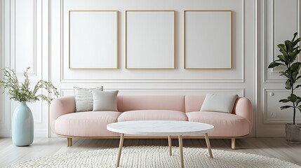 Fototapeta premium Pink sofa, white coffee table, and three gold-framed blank canvases in a minimalist living room.