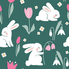 Seamless vector pattern with white rabbits on floral background. Hand drawn cute Easter bunny pattern. Perfect for textile, wallpaper or nursery print design.