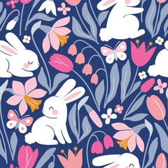 Seamless vector pattern with white rabbits on floral background. Hand drawn cute Easter bunny pattern. Perfect for textile, wallpaper or nursery print design.