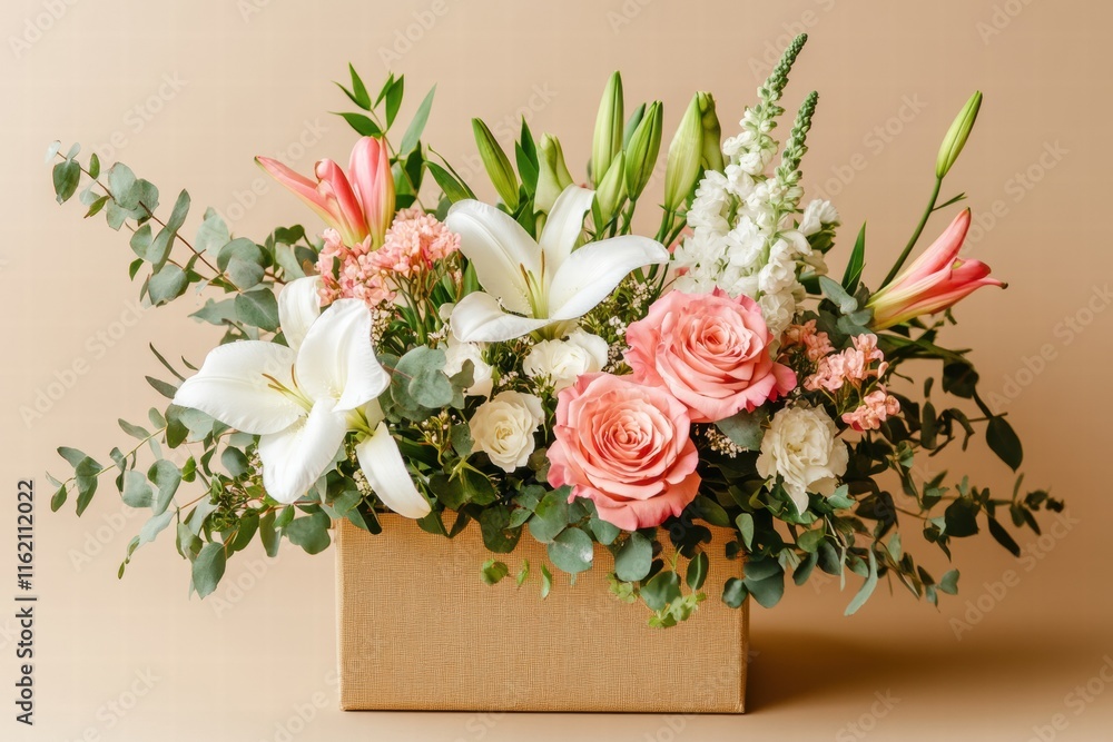 Poster delivery box filled with vibrant fresh flowers in warm mocha mousse tone with copy space for text. g