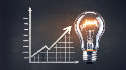 A glowing light bulb with a rising graph bar in the background, symbolizing increasing electricity costs, energy efficiency, or economic growth. 