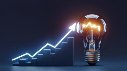 A glowing light bulb with a rising graph bar in the background, symbolizing increasing electricity costs, energy efficiency, or economic growth. 