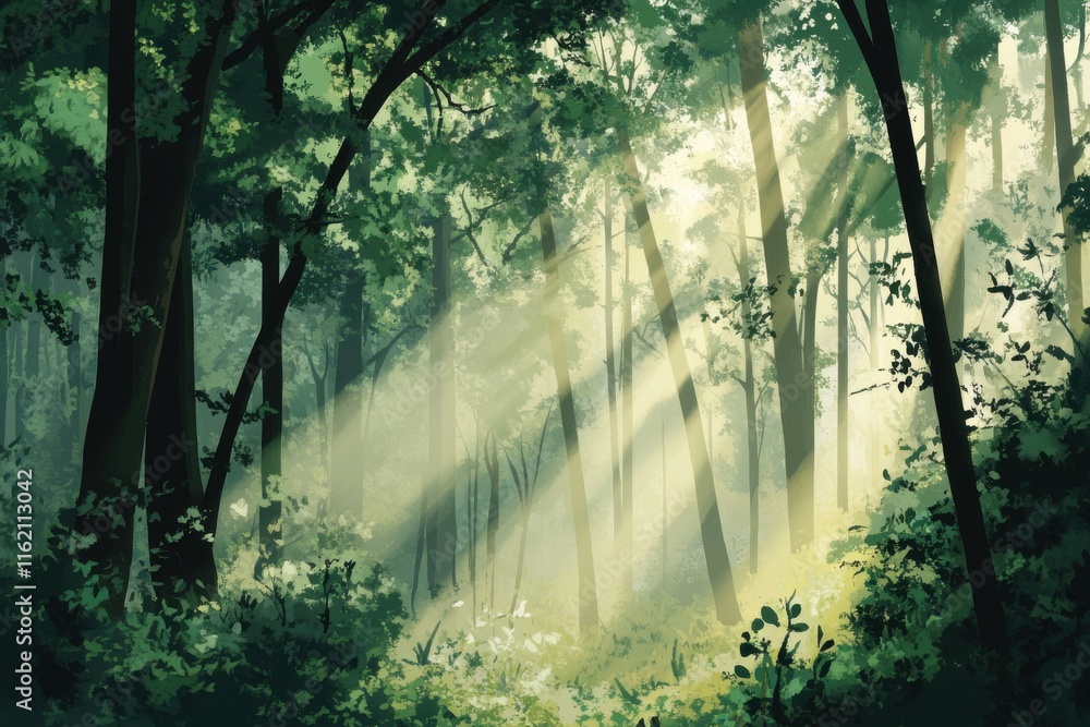 Poster sunlight filters through lush green trees in a tranquil forest setting.