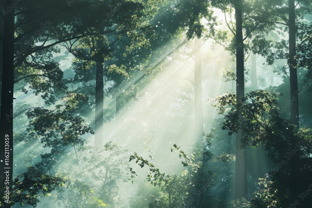 Poster sunlight filters through lush green trees in a misty forest, creating a serene and enchanting atmosp