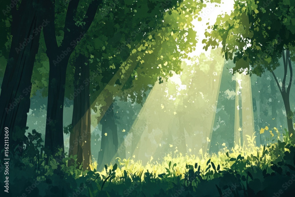 Poster sunlight streaming through lush green trees in a tranquil forest setting.