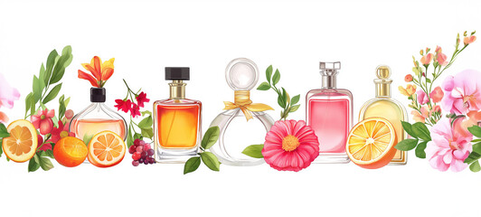 Seamless Horizontal Luxurious perfume bottles collection boarder isolated on white background