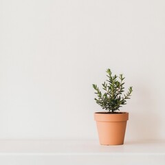 Fototapeta premium A small green plant in a terracotta pot against a minimalist white background.