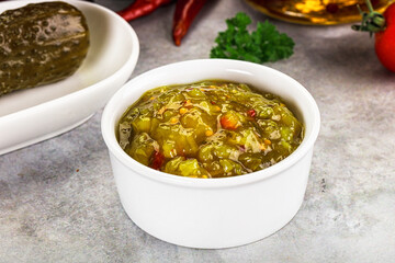 Souce gherkin relish with marinated cucumbers