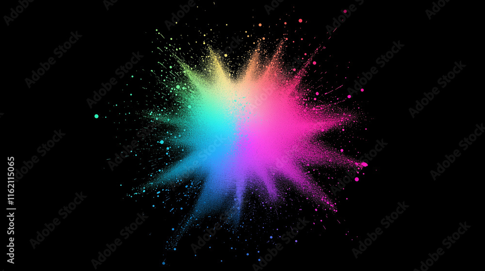 Poster a cosmic-like particle burst with shimmering colors that radiate outward from the center. the subtle