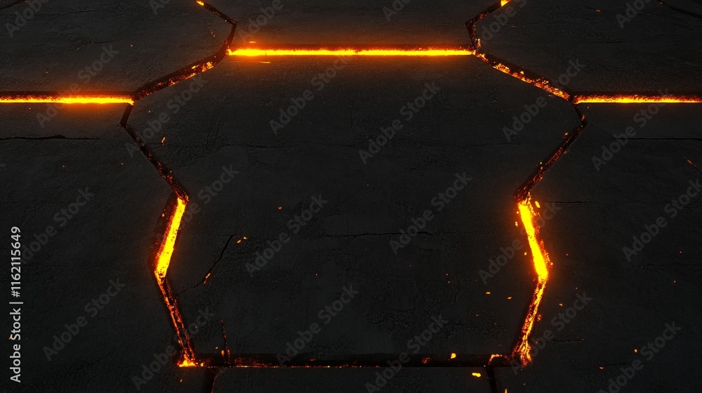 Poster glowing cracks hexagonal dark surface texture
