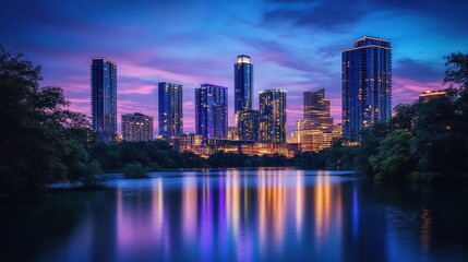 Fototapeta premium Modern City Skyline with Reflections on Water at Twilight