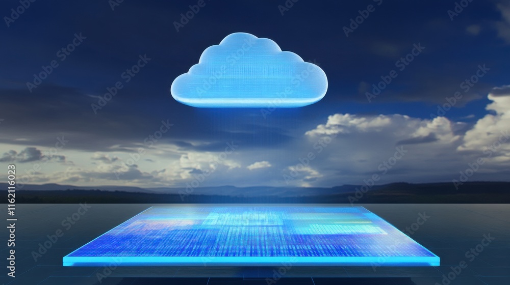 Aufkleber a futuristic blue cloud symbol hovering above a digital grid, evoking concepts of technology and dat