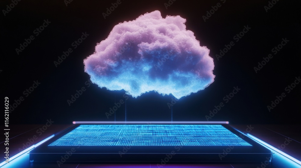 Aufkleber a vibrant digital cloud hovering above a glowing data surface, illustrating futuristic technology co