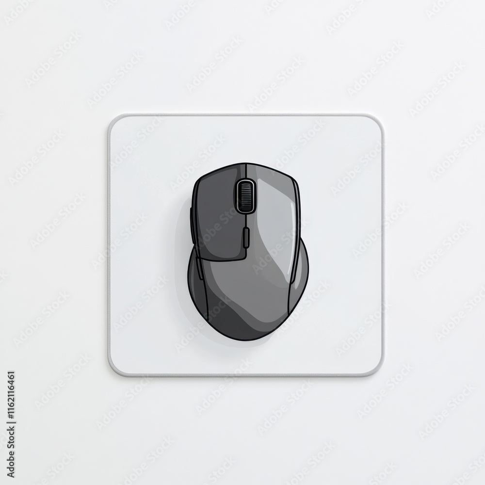 Poster a sleek black computer mouse resting on a white surface, showcasing modern design and simplicity.
