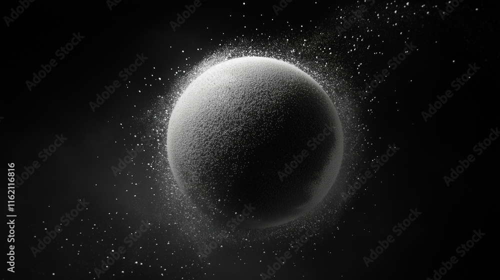 Poster a glowing sphere of tiny white particles radiating outward with a soft gradient. the composition con