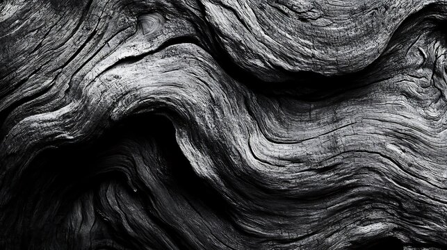Abstract grayscale close-up of wood grain texture with swirling patterns.
