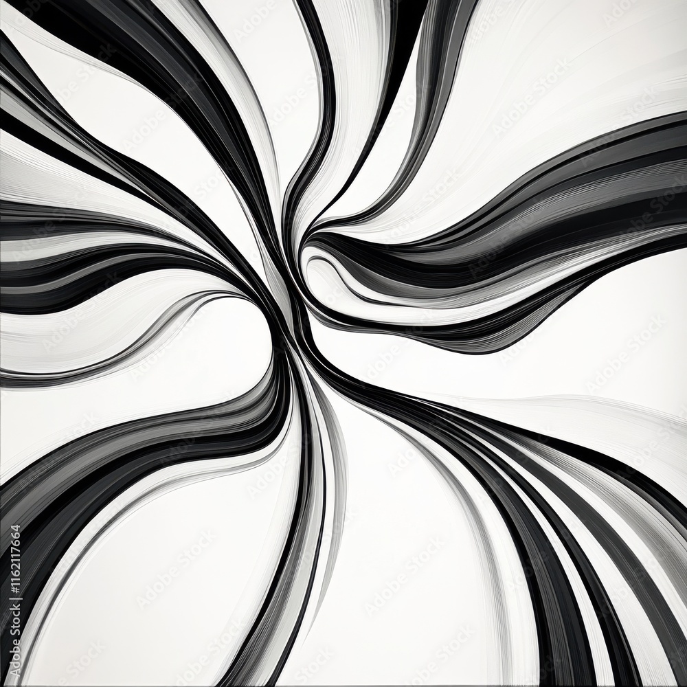Poster abstract black and white swirl design creating a sense of motion and dynamism.