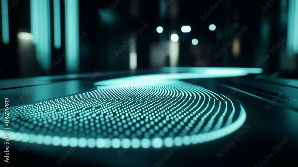 Poster a pattern of glimmering green particles arranged in spirals on a deep black canvas. the hypnotic des