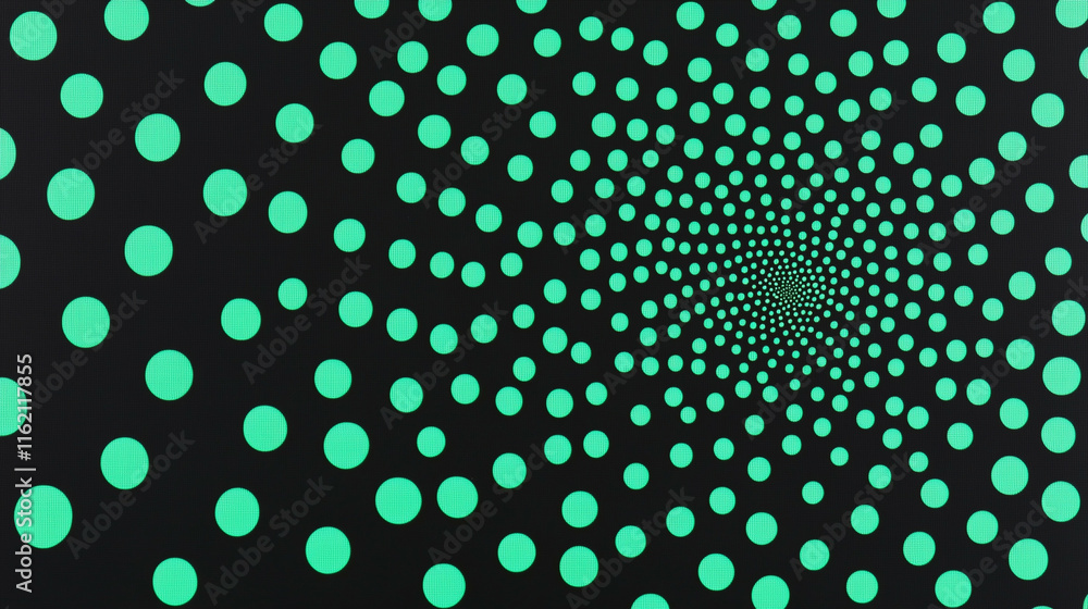 Poster a pattern of glimmering green particles arranged in spirals on a deep black canvas. the hypnotic des