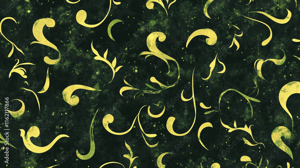 Poster a pattern of glimmering green particles arranged in spirals on a deep black canvas. the hypnotic des