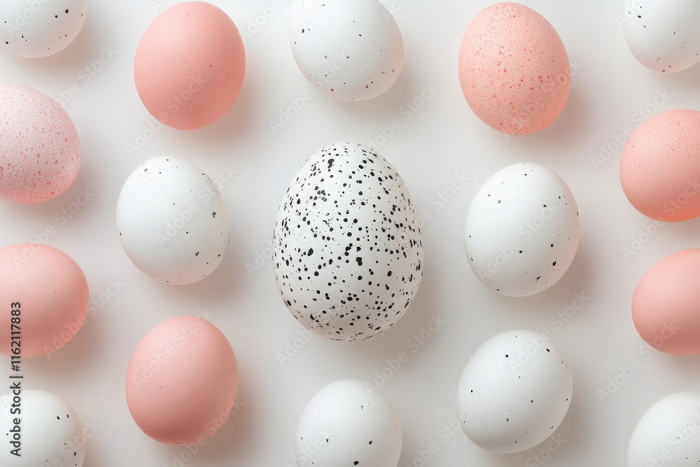 Poster colorful eggs arranged artistically with a black speckled egg in the center creating a striking visu