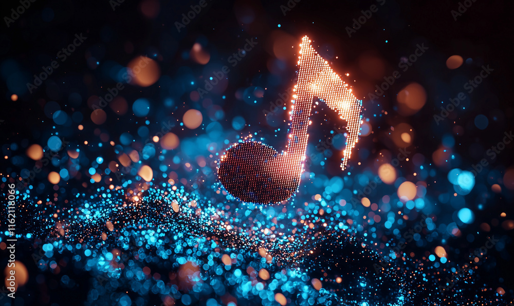 Poster glowing musical note with vibrant particles in a dark background, creating a magical atmosphere of s