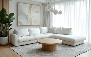 Modern minimalist living room with white sectional sofa, wooden coffee table, and large artwork.