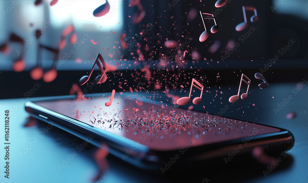 Aufkleber a smartphone emits floating musical notes, creating a dynamic and vibrant atmosphere, symbolizing th