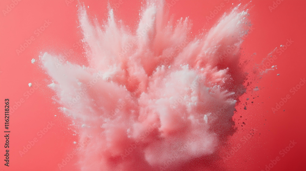 Poster a rapid explosion of white particles against a deep red background. the high contrast and speed crea