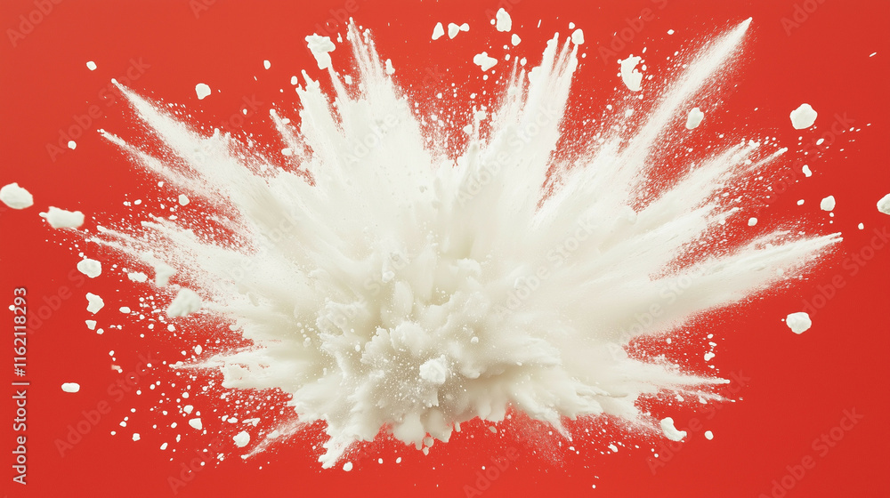 Poster a rapid explosion of white particles against a deep red background. the high contrast and speed crea