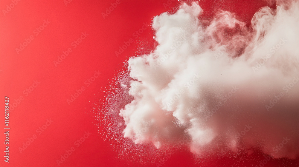 Poster a rapid explosion of white particles against a deep red background. the high contrast and speed crea