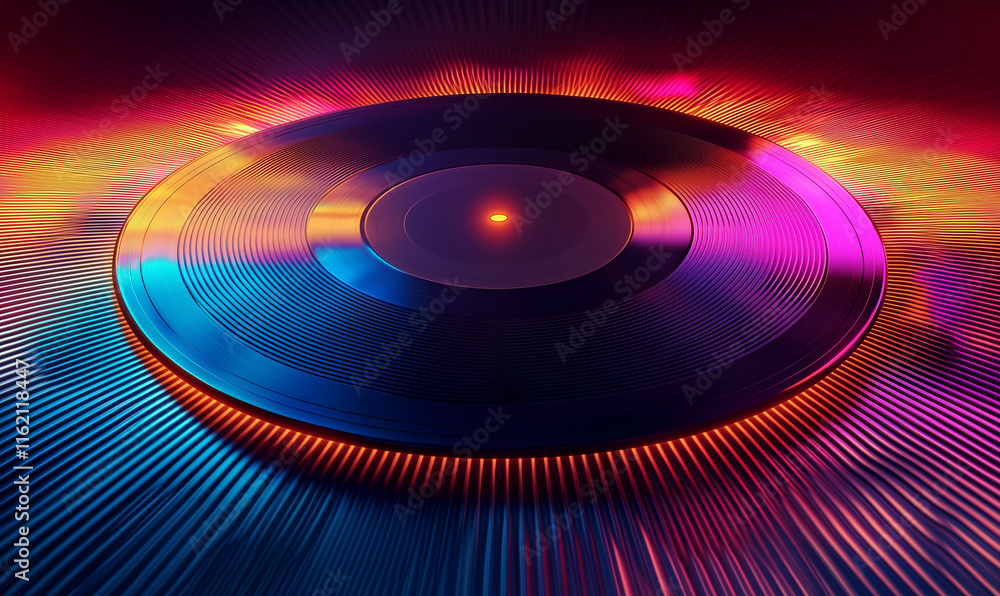 Poster a vibrant, abstract representation of a vinyl record with colorful light patterns, creating a dynami