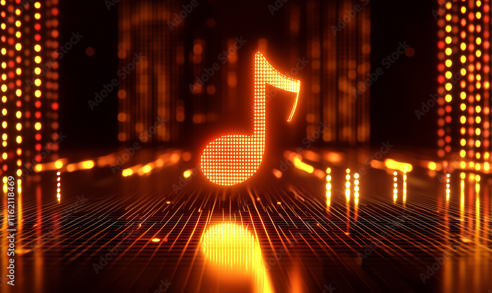 Poster glowing musical note surrounded by vibrant lights, creating a dynamic atmosphere ideal for music and