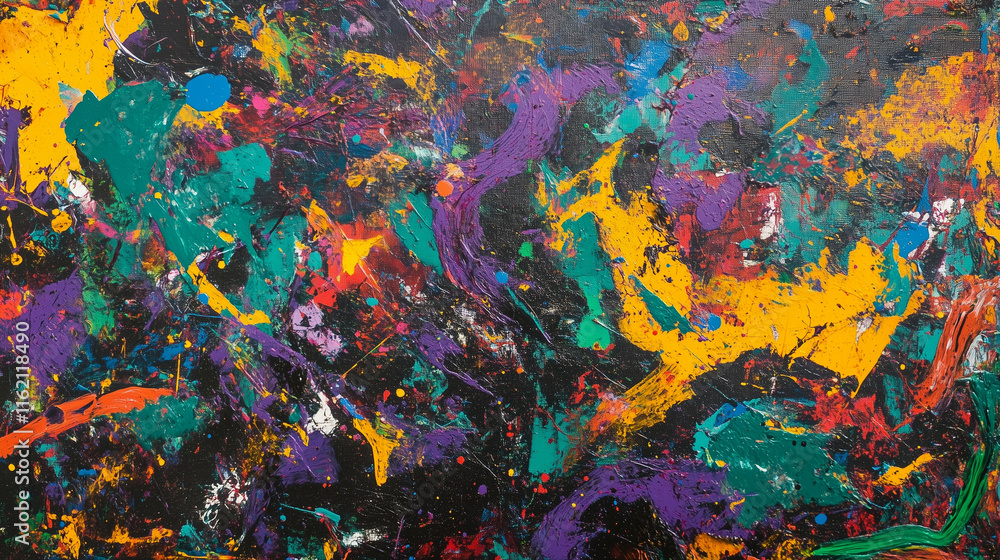 Poster a scatter of multicolored particles forming a starry pattern over a dark canvas. the cosmic feel and