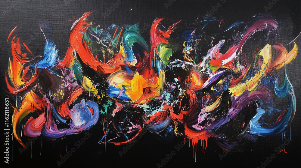 Poster a scatter of multicolored particles forming a starry pattern over a dark canvas. the cosmic feel and