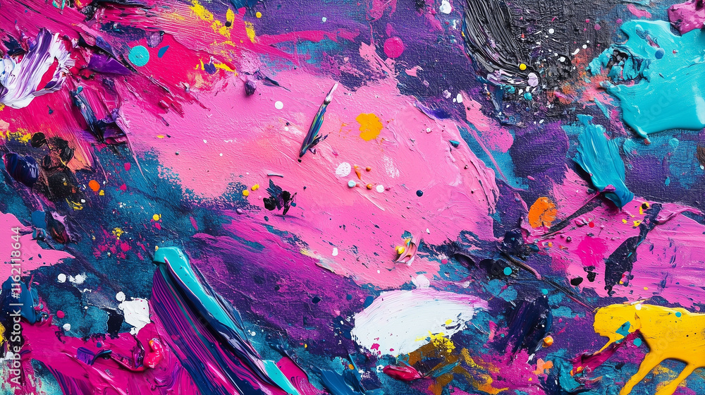 Poster a scatter of multicolored particles forming a starry pattern over a dark canvas. the cosmic feel and