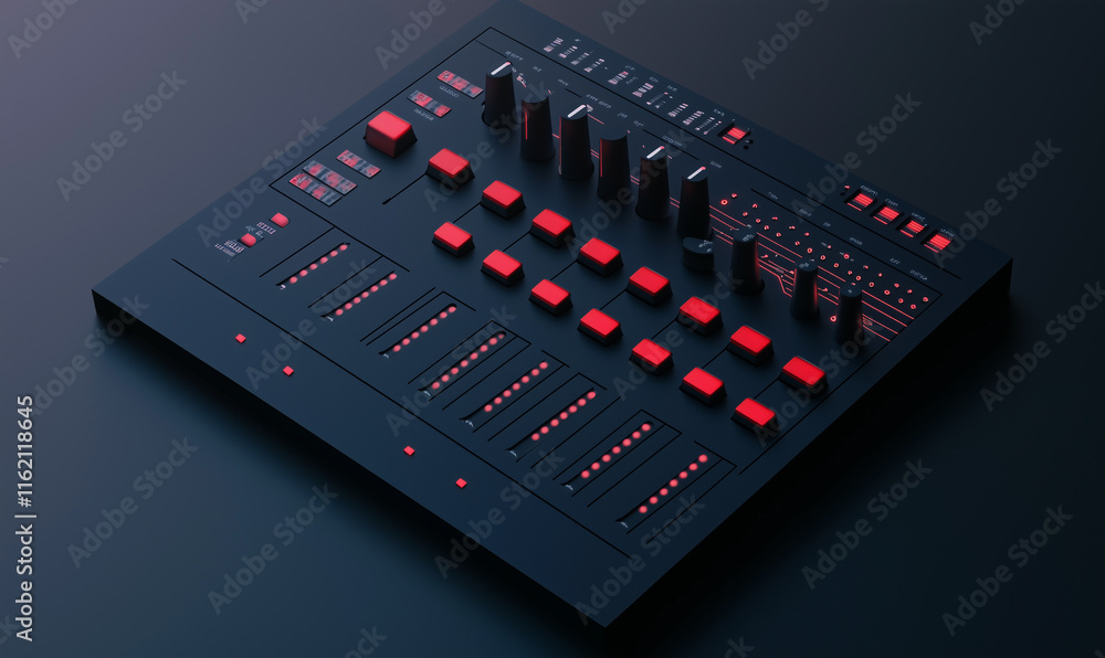 Poster sleek black music production interface with red buttons and knobs, designed for electronic music mix