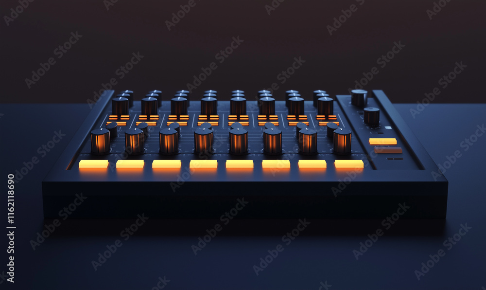 Poster digital audio mixer with illuminated controls, ideal for music production and sound engineering in a