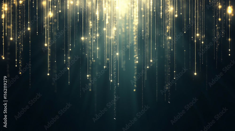 Poster a shower of golden particles cascading downward in a spiral pattern on a dark background. the metall