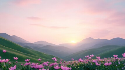 Fototapeta premium Breathtaking purple flower field at sunrise with rolling hills in the background, showcasing nature’s beauty and serenity.