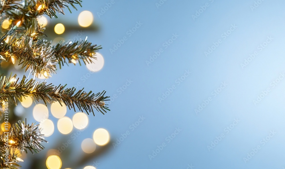 Poster a close-up of christmas tree branches with soft bokeh lights.
