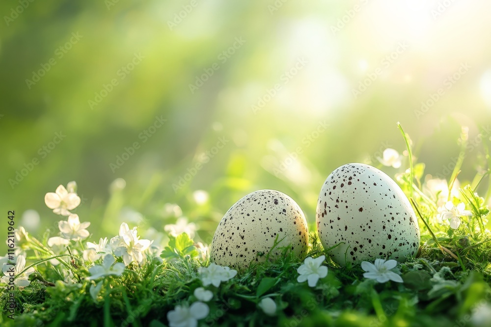 Poster beautiful speckled eggs resting in fresh green grass under soft sunlight in a serene natural setting